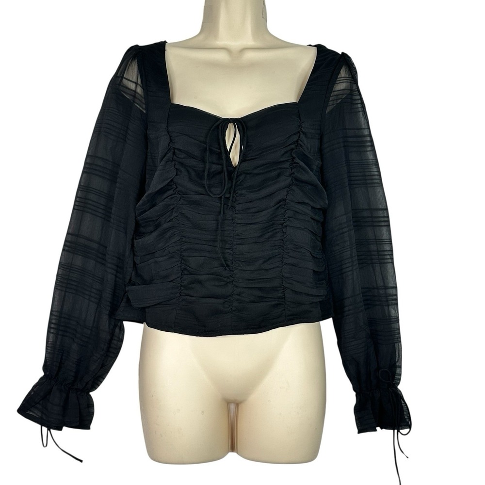 Audrey Parks Francesca's Black Ruched Corset Crop Top Sheer Puff Sleeve Blouse L